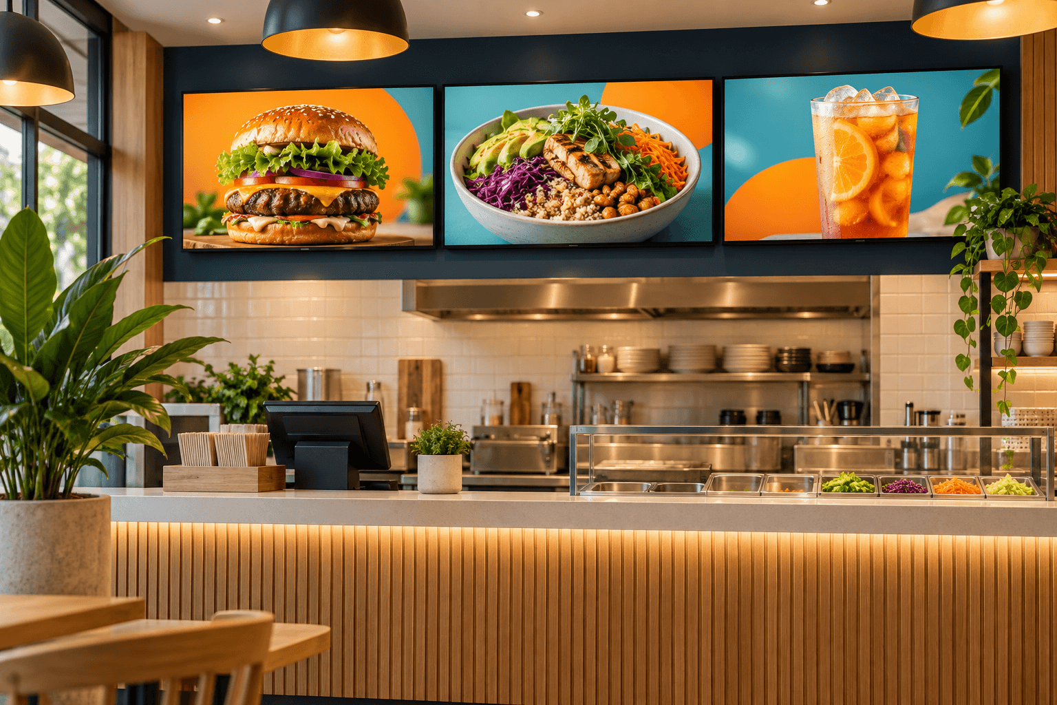 Cardápios digitais com imagens de pratos e bebidas sobre o balcão de um restaurante