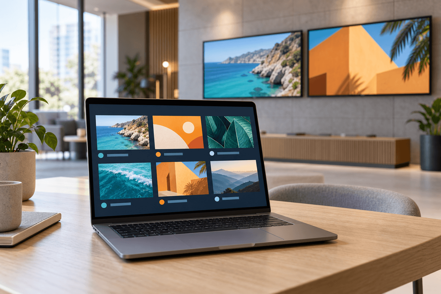 Notebook com conteúdos visuais e telas digitais ao fundo, representando a gestão centralizada de uma rede