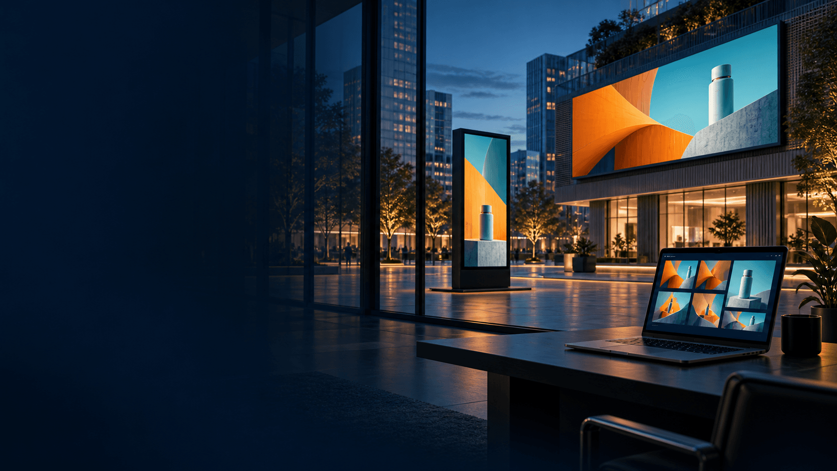Painel de mídia DOOH e totem digital em uma praça comercial, com notebook para gerenciar o conteúdo das telas
