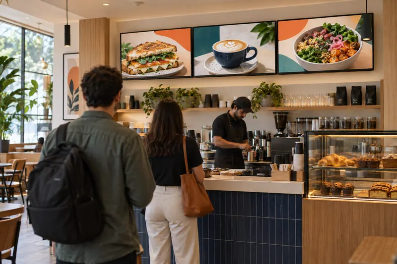 Cenário ilustrativo de cafeteria com menu boards digitais sobre o balcão
