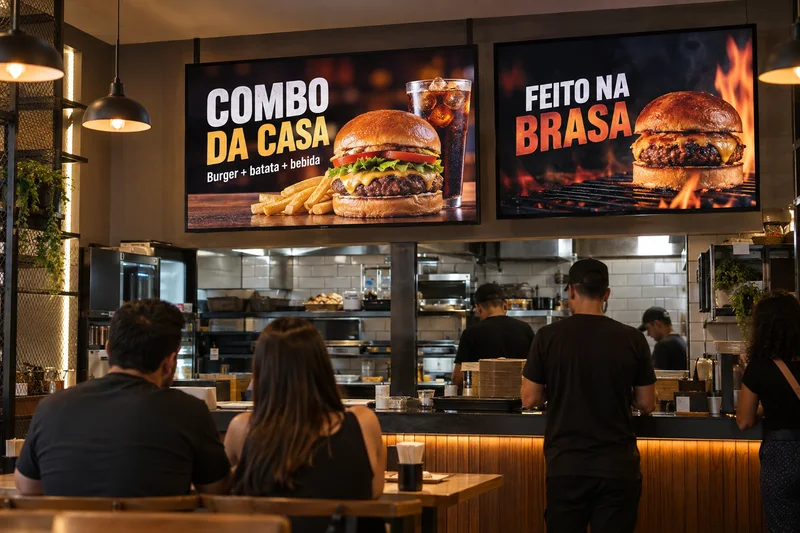 Hamburgueria com TVs exibindo anúncios de combo e hambúrguer na brasa — cenário ilustrativo