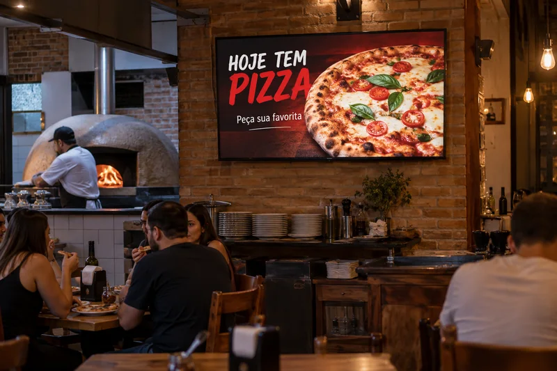 Pizzaria com TV exibindo uma promoção de pizza — cenário ilustrativo