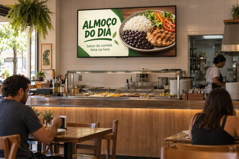 Restaurante com TV anunciando o almoço do dia — cenário ilustrativo